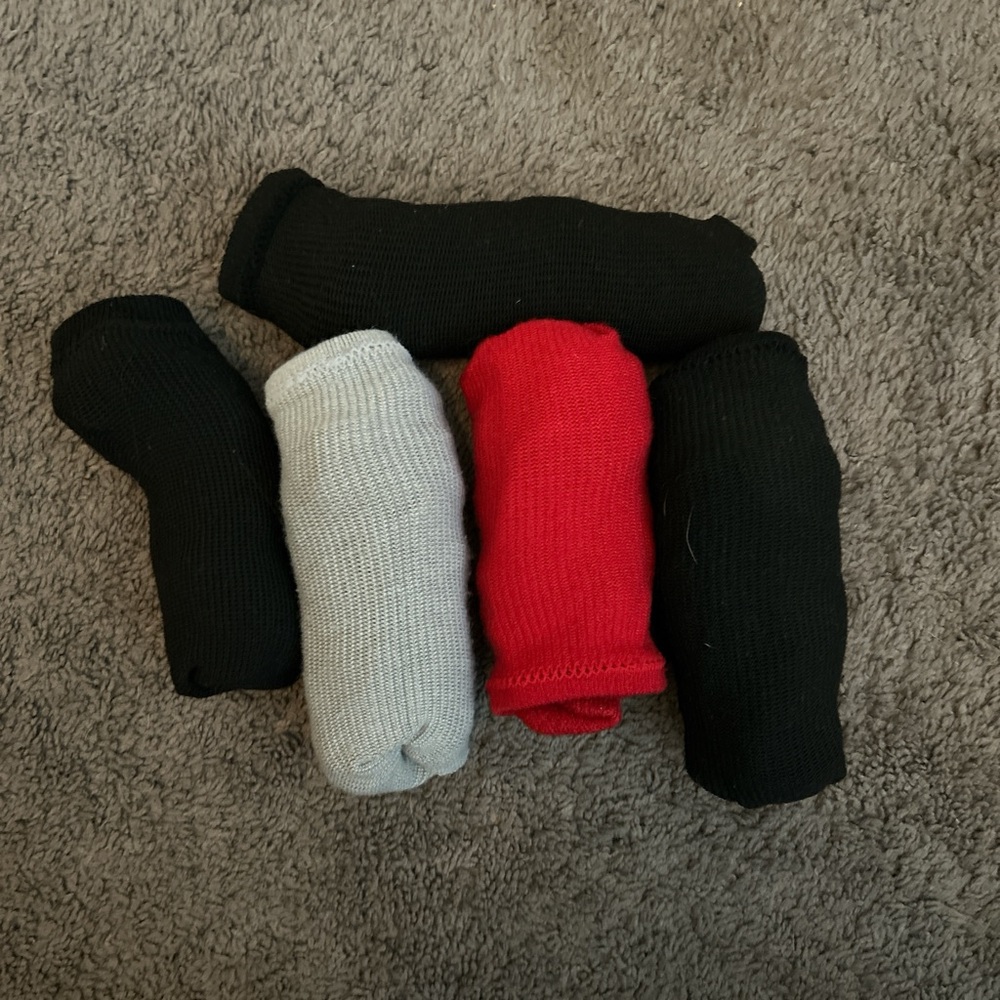 Knee high Softball/Baseball socks in black (x3), red, and light grey